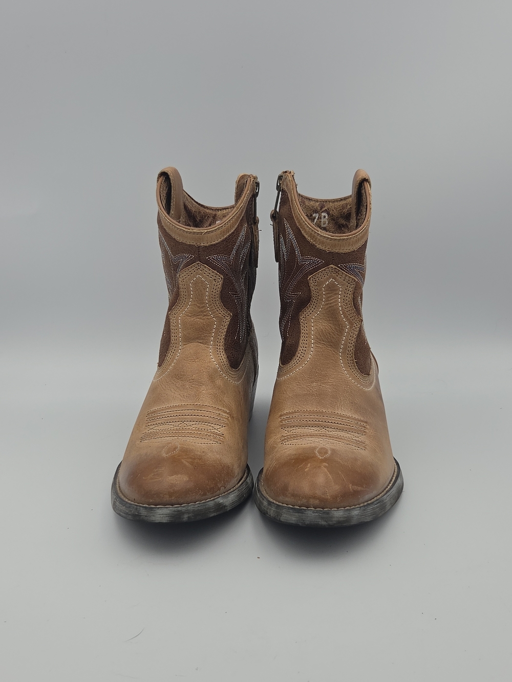 Ariat Two-Tone Tan and Brown Leather Western Ankle Boots with Side Zip Size 7